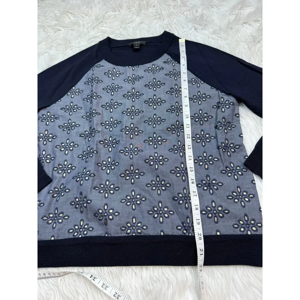 J. Crew Merino Wool Sweater in Chambray Eyelet Navy Size S Preppy Euro Summer
